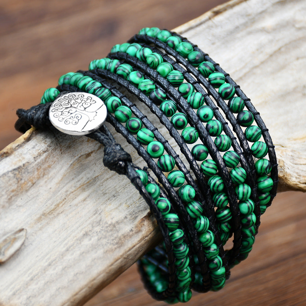 Wholesale Green Malachite Hand Woven 5 Turns Wrapped Bracelet